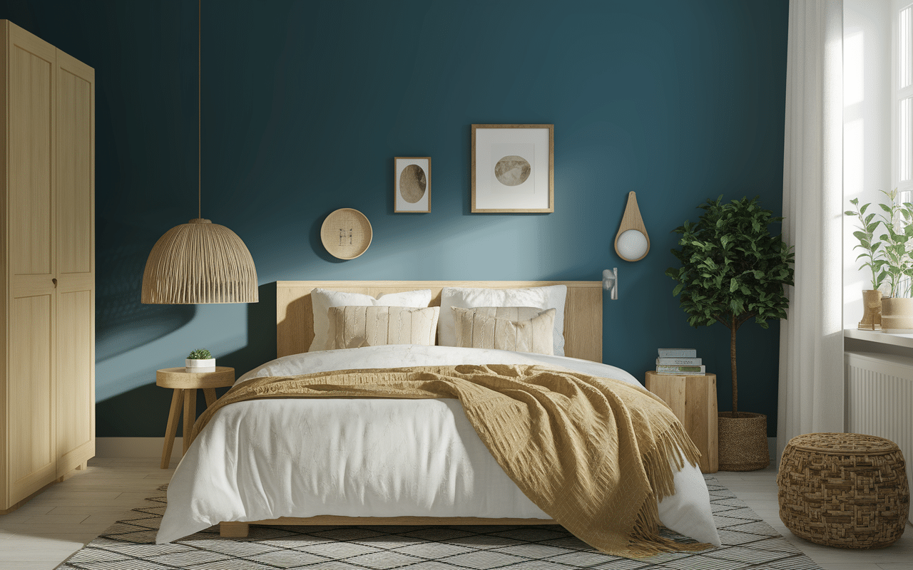 Chambre apaisante avec mur bleu celadon