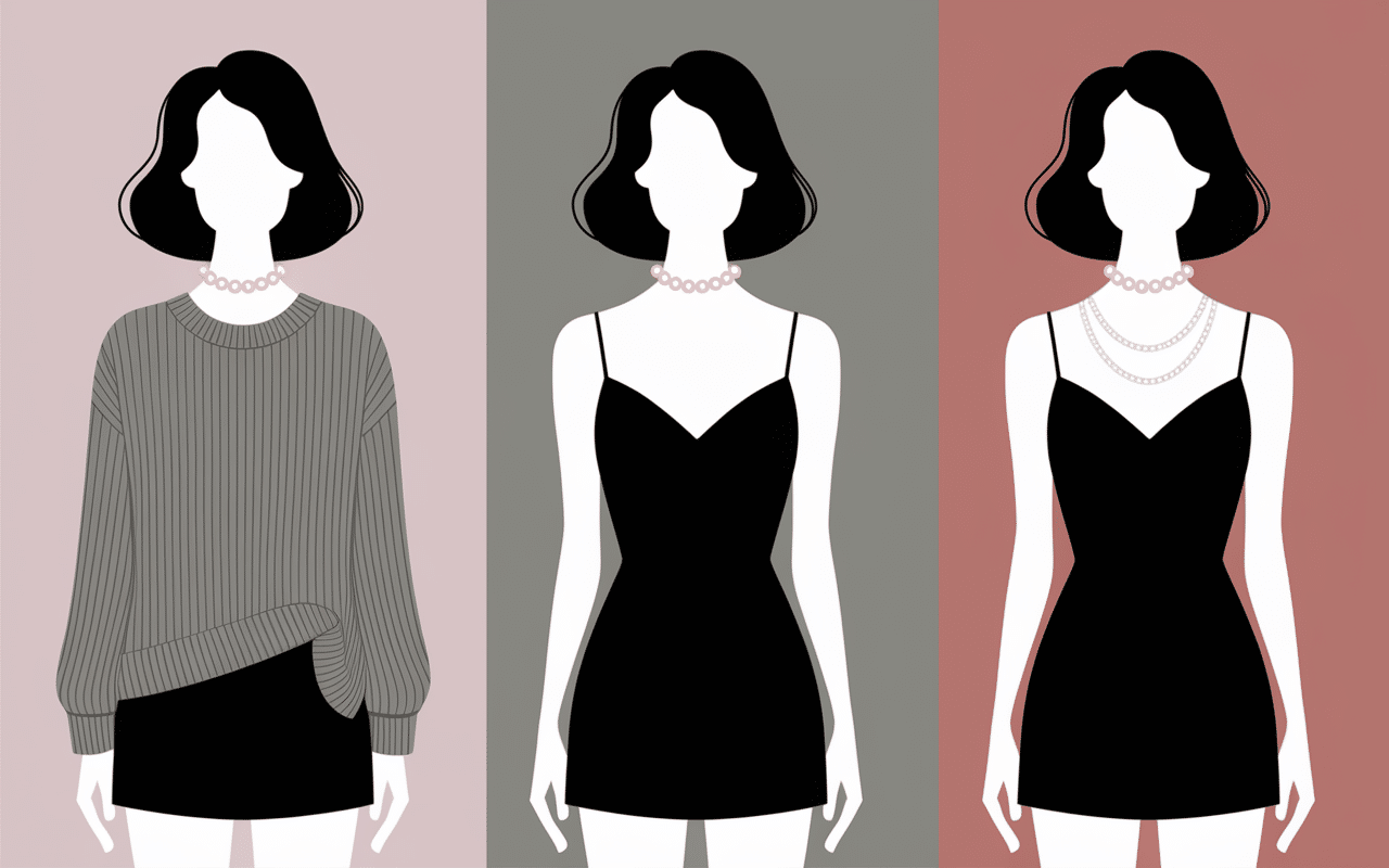 Silhouette avec collier perle ras de cou et tenues variées