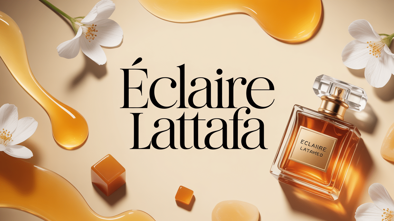 Élégant flacon de parfum Eclaire Lattafa doré avec éléments gourmands