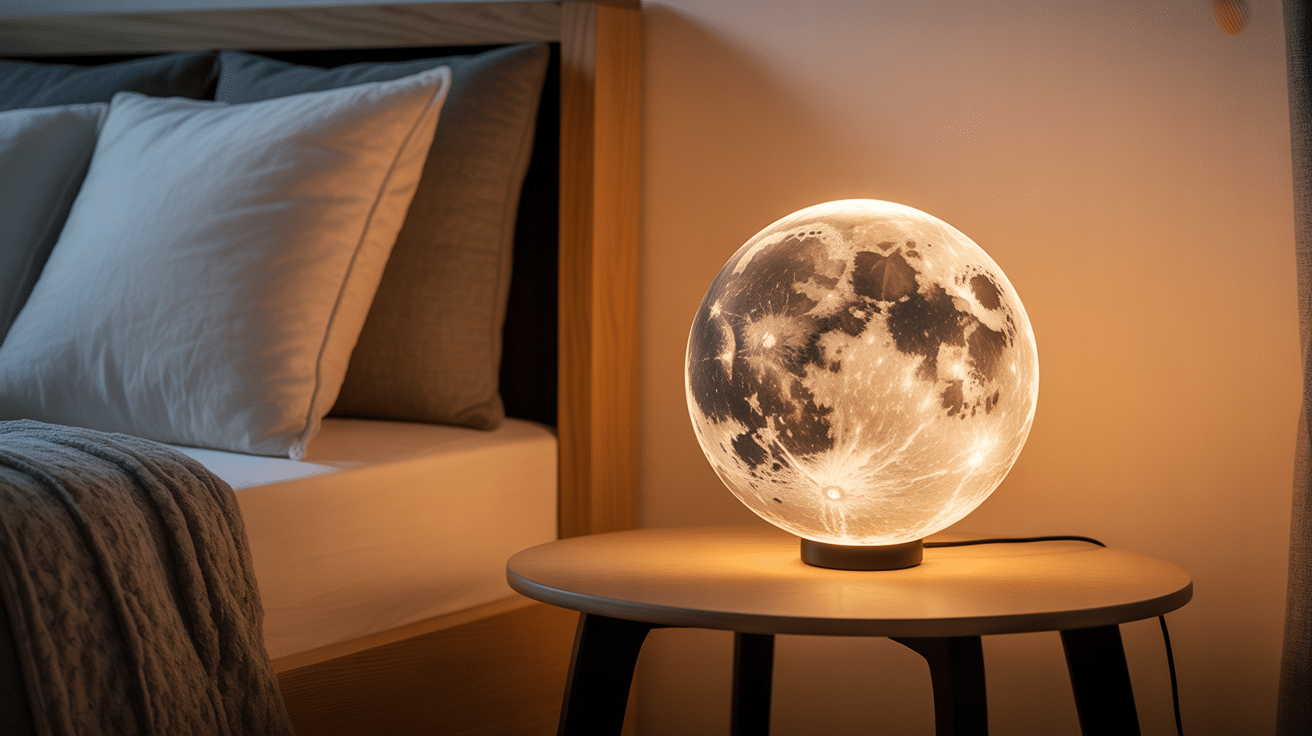 Lampe lunaire sur table de chevet diffusant une lumière douce