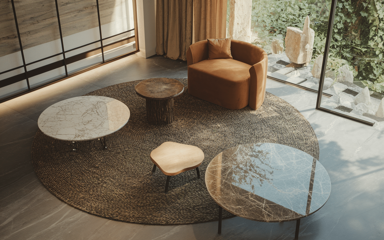 Matériaux : marbre, bois, métal, verre, travertin