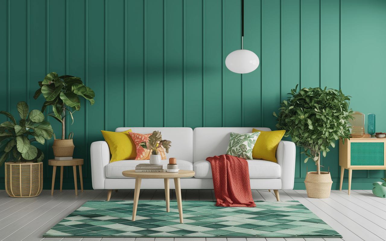 Salon moderne avec accents verdeau