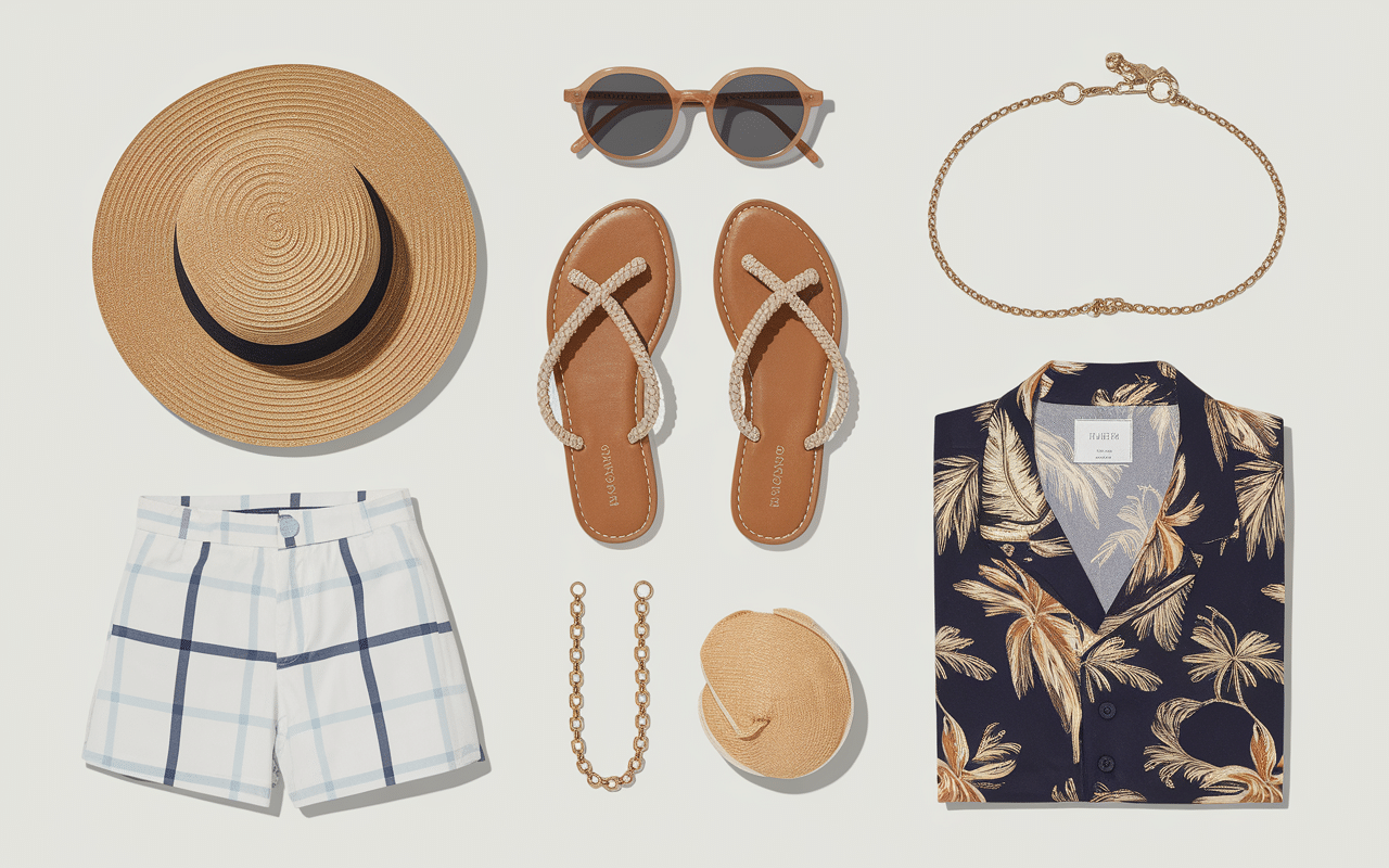 Flat lay accessoires vêtements tenue beauf moderne marcel sandales casquette