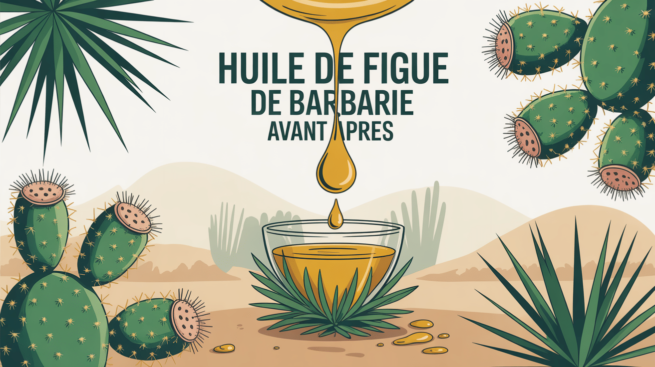 huile de figue de barbarie avant apres illustration bouteille dorée et fruits de cactus