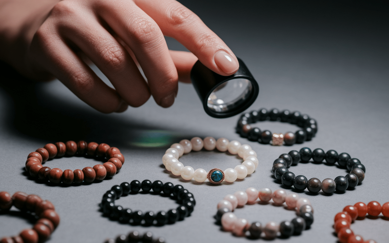 Main examinant un bracelet bouddha, vue artisanale et matériaux variés