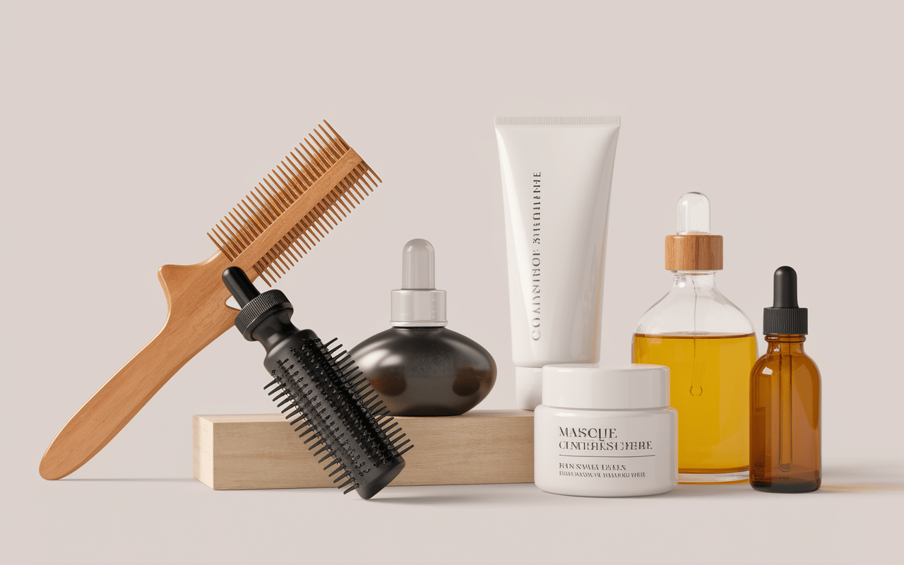 soins et accessoires anti fourche cheveux sur fond blanc