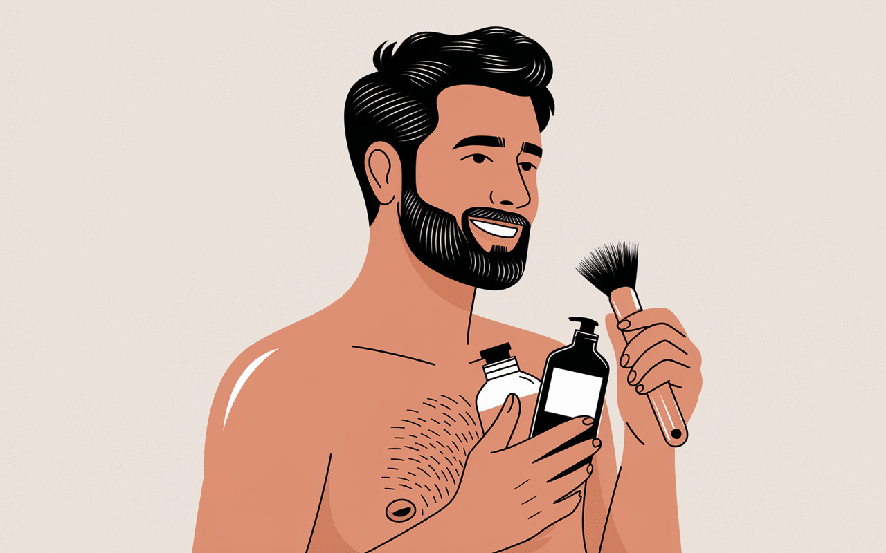 Homme satisfait avec kit barbe homme accessoires essentiels
