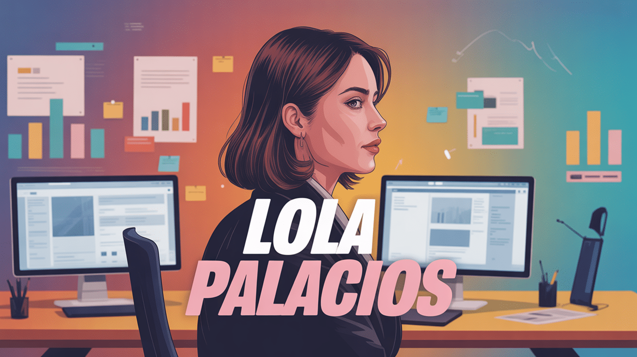 Portrait stylisé de Lola Palacios dans un bureau moderne