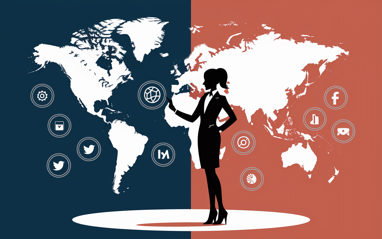 Silhouette Lola Palacios devant carte et icônes réseaux sociaux