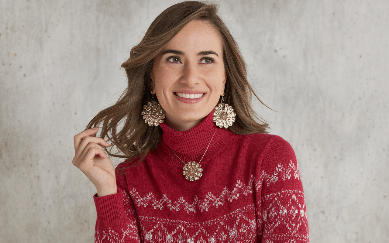 Accessoires mode pour pull Noël femme chic ceinture dorée broche boucles d'oreilles