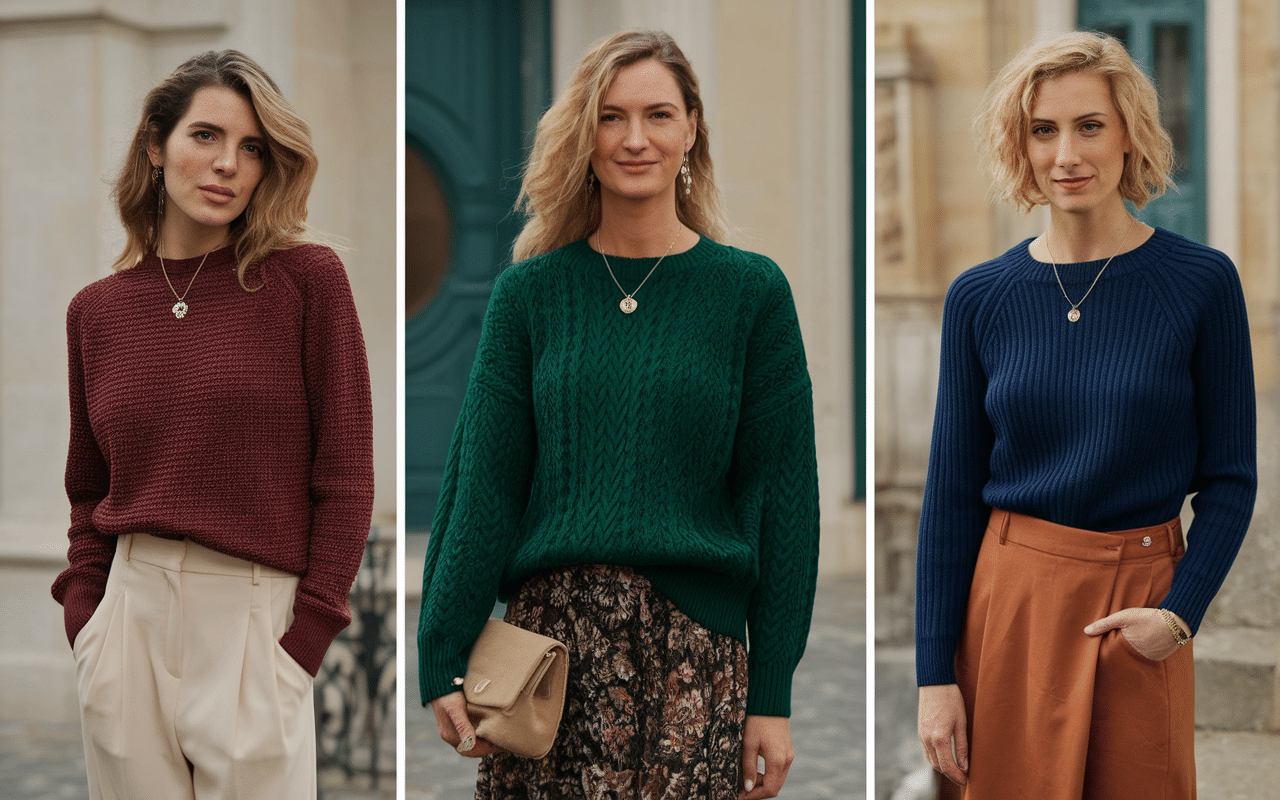 Collection de pulls Noël femme chic sobres et élégants laine bordeaux vert bleu