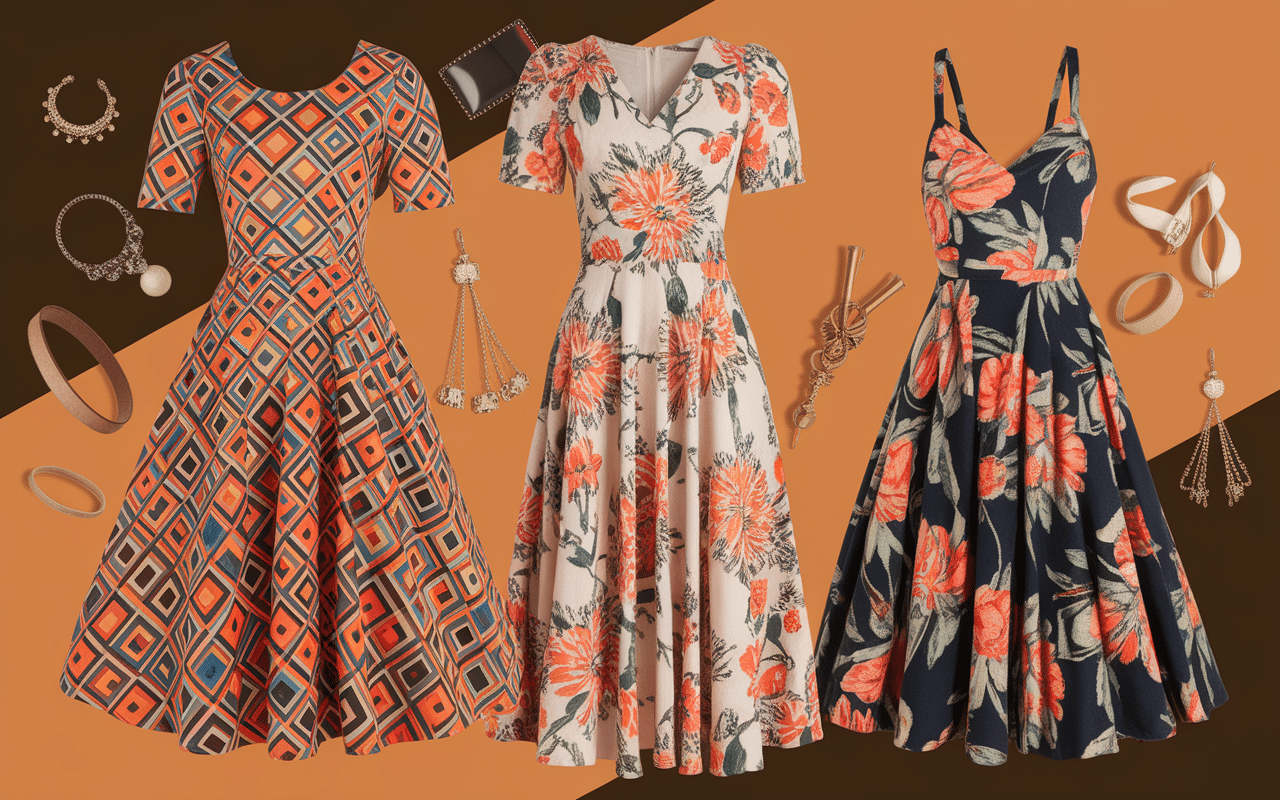 Collage robes année 70 motifs et accessoires rétro