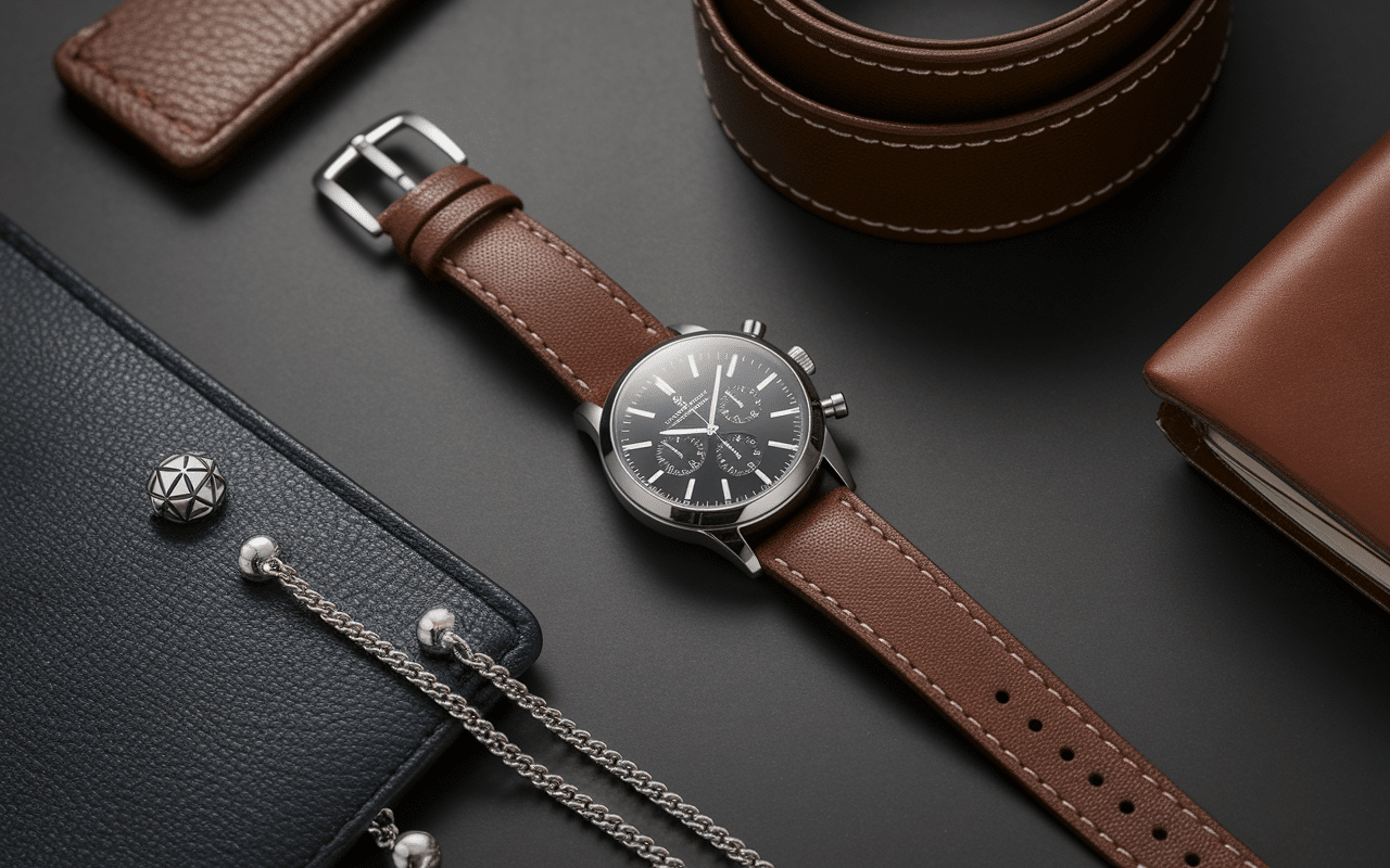 Accessoires élégants pour tenue homme sexy montre cuir ceinture