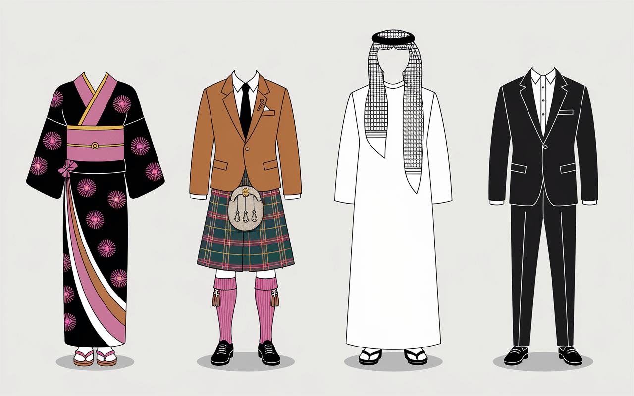 Illustration vetement en k kimono kilt keffieh coupe-vent