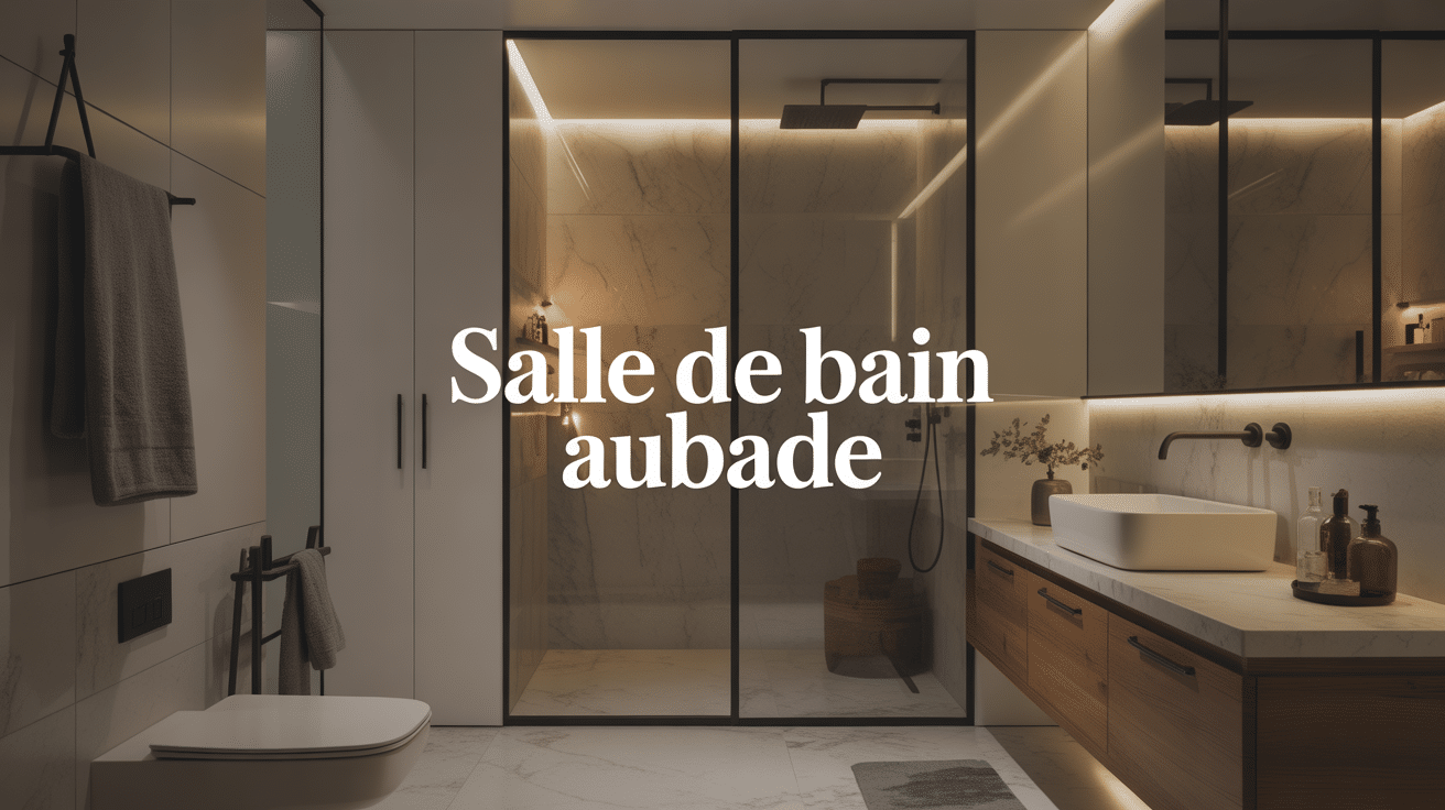 aubade salle de bain avec douche italienne meuble bois carrelage marbre