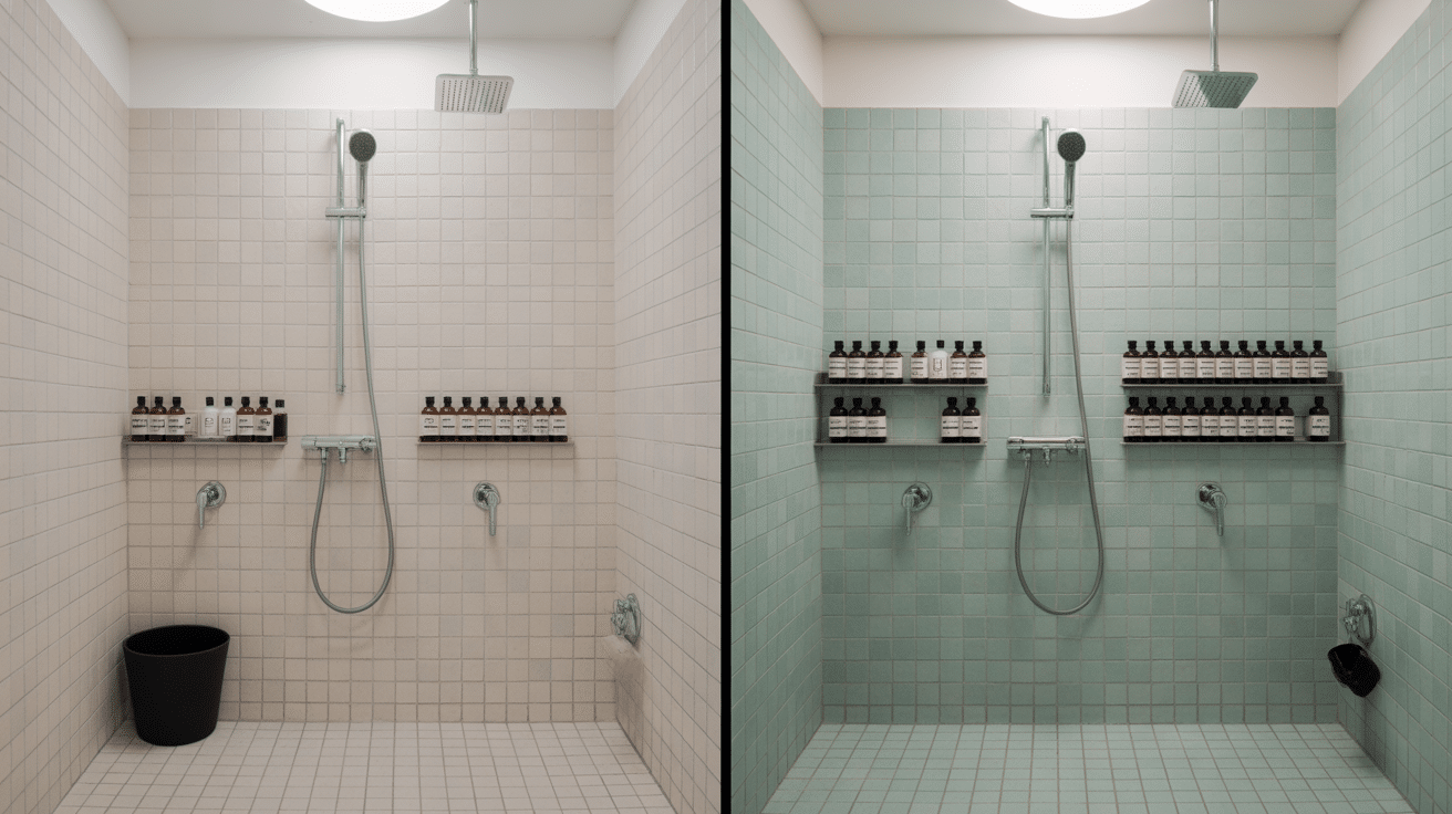 avant apres douche avec etagere douche rangee