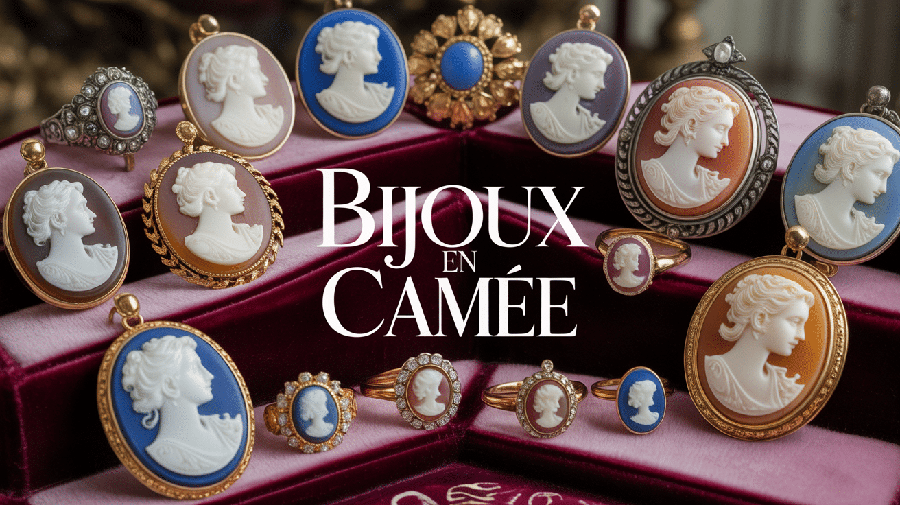 Bijoux en camée anciens exposés sur tissu velours