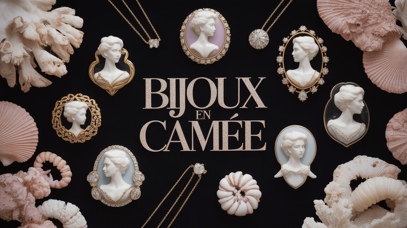 Bijoux en camée vintage sur velours noir, broches et pendentifs ornés
