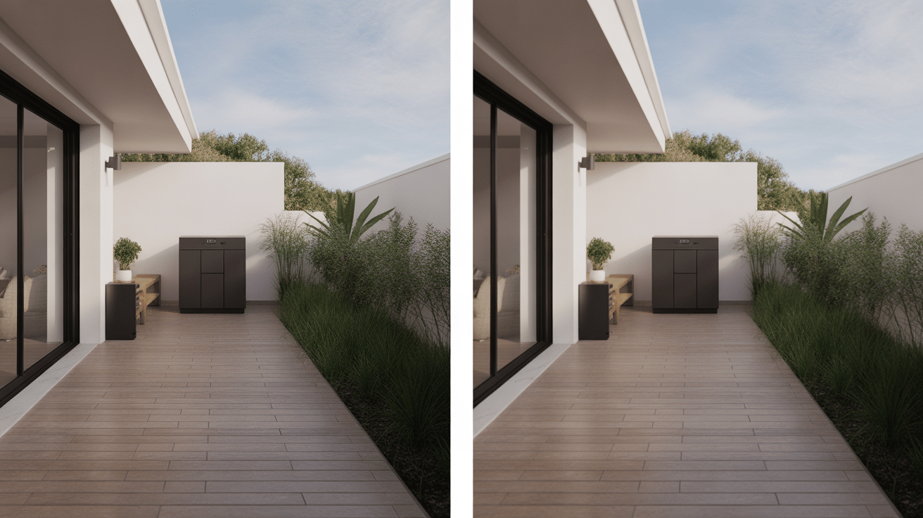 Cacher une pompe à chaleur sur une terrasse moderne