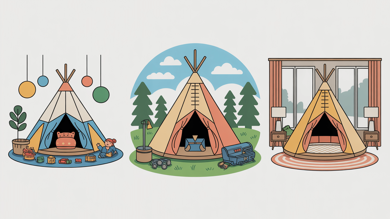 Trois tipis enfant, camping, chambre illustration explicative