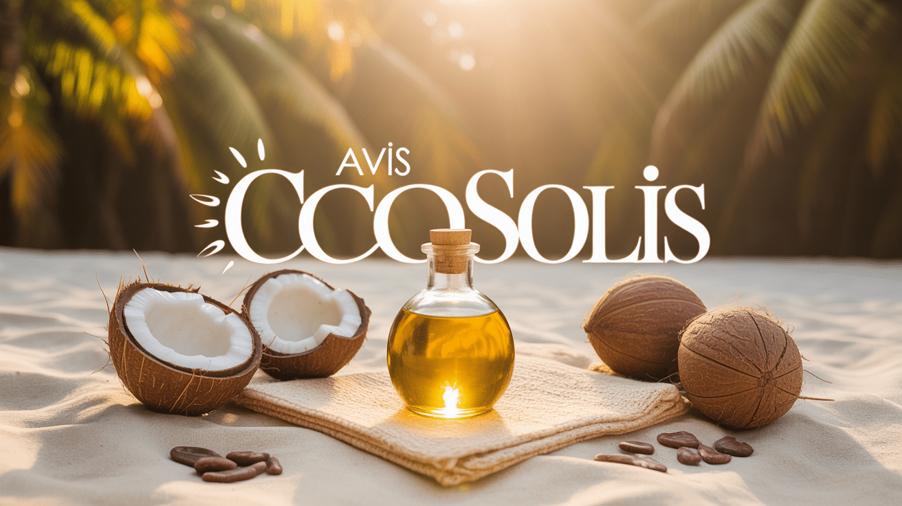 cocosolis avis bouteille huile dorée plage noix de coco cacao
