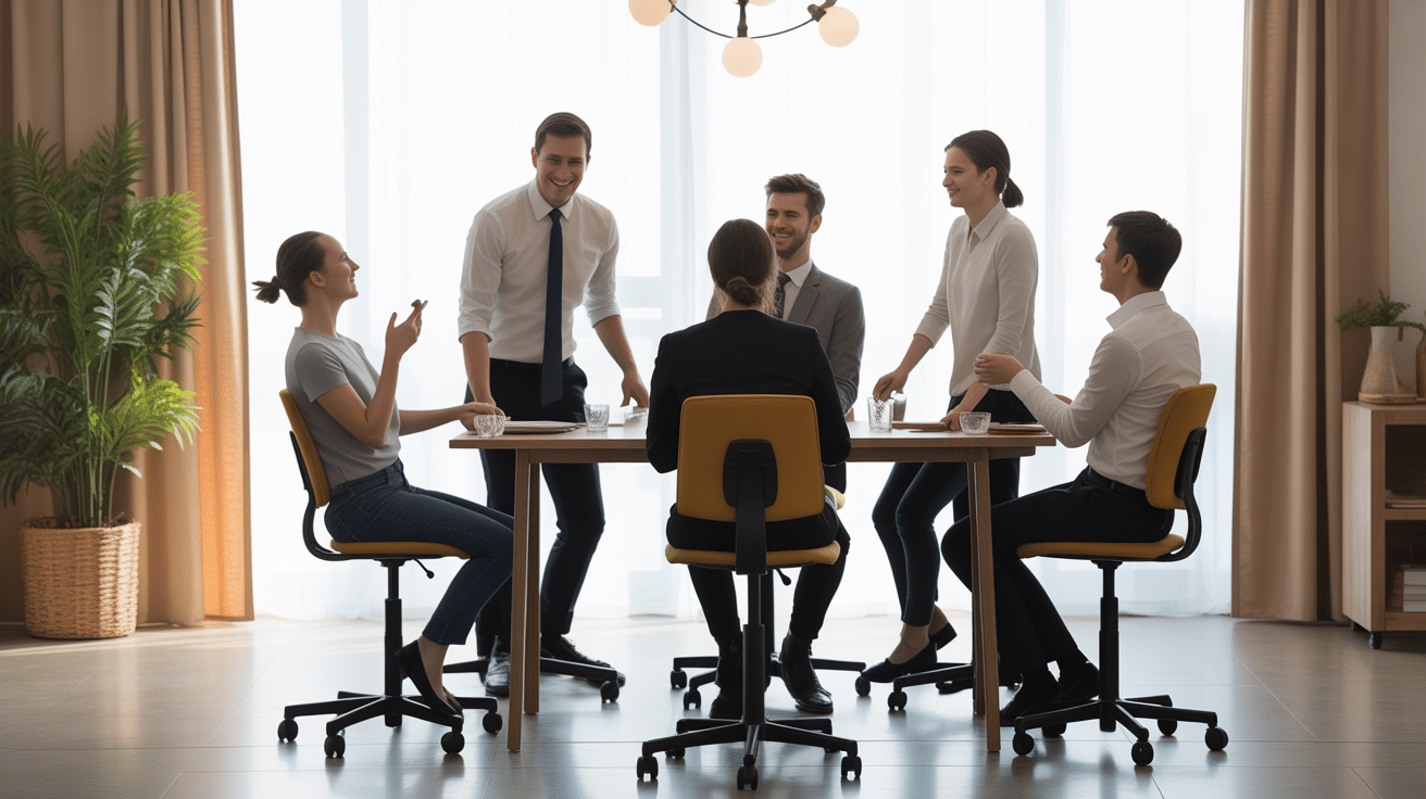 Gens de tailles variées autour hauteur mange debout tabourets ajustables