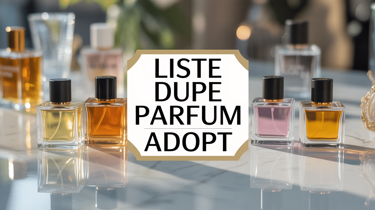 Collection flacons liste dupe parfum Adopt sur fond moderne