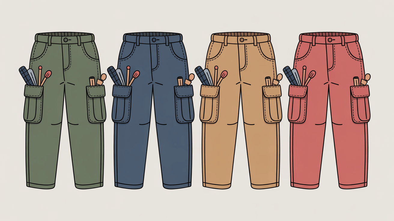 différents modèles pantalon cargo fillette avec poches et couleurs variées