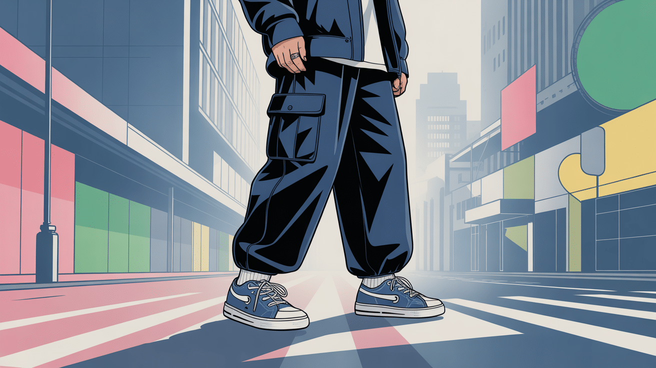 Scène streetwear silhouettes pantalons japonais oversized