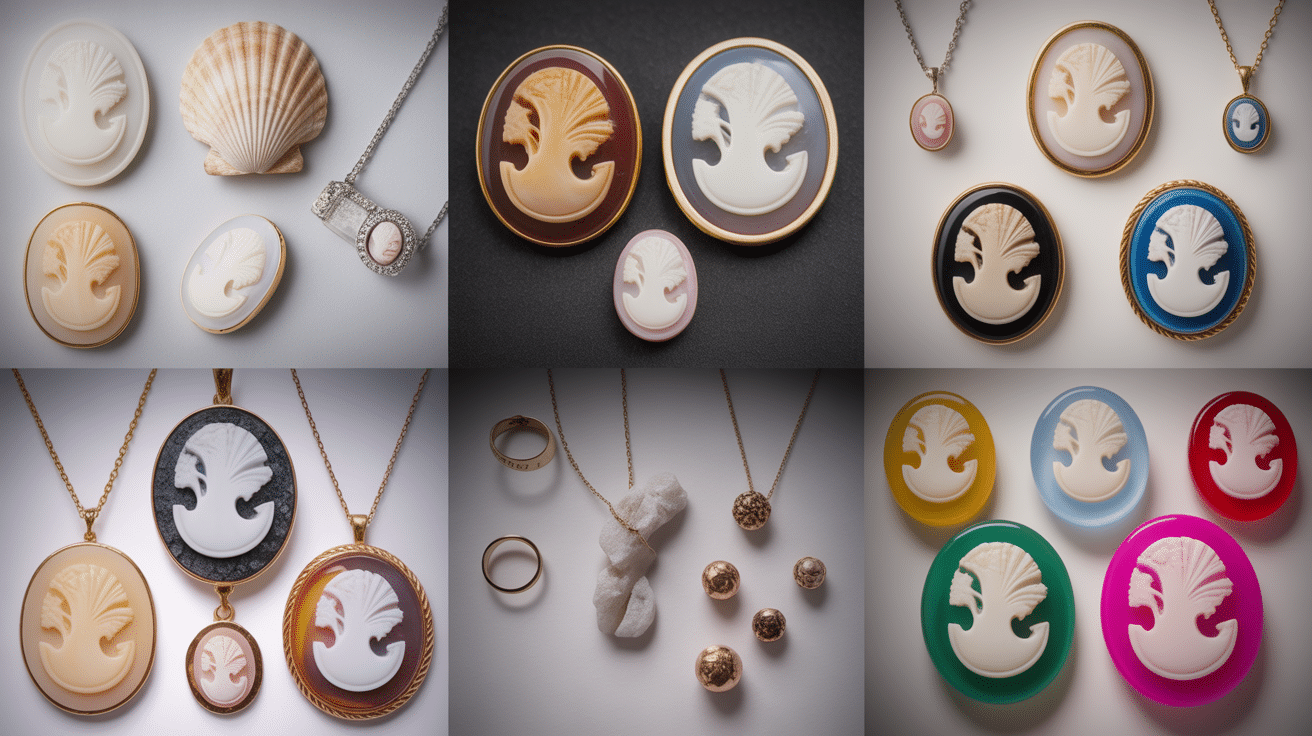 Comparatif matériaux styles bijoux en camée coquillage pierre résine
