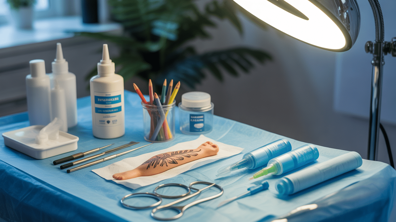 Préparation tatouage dorsale femme matériel soin