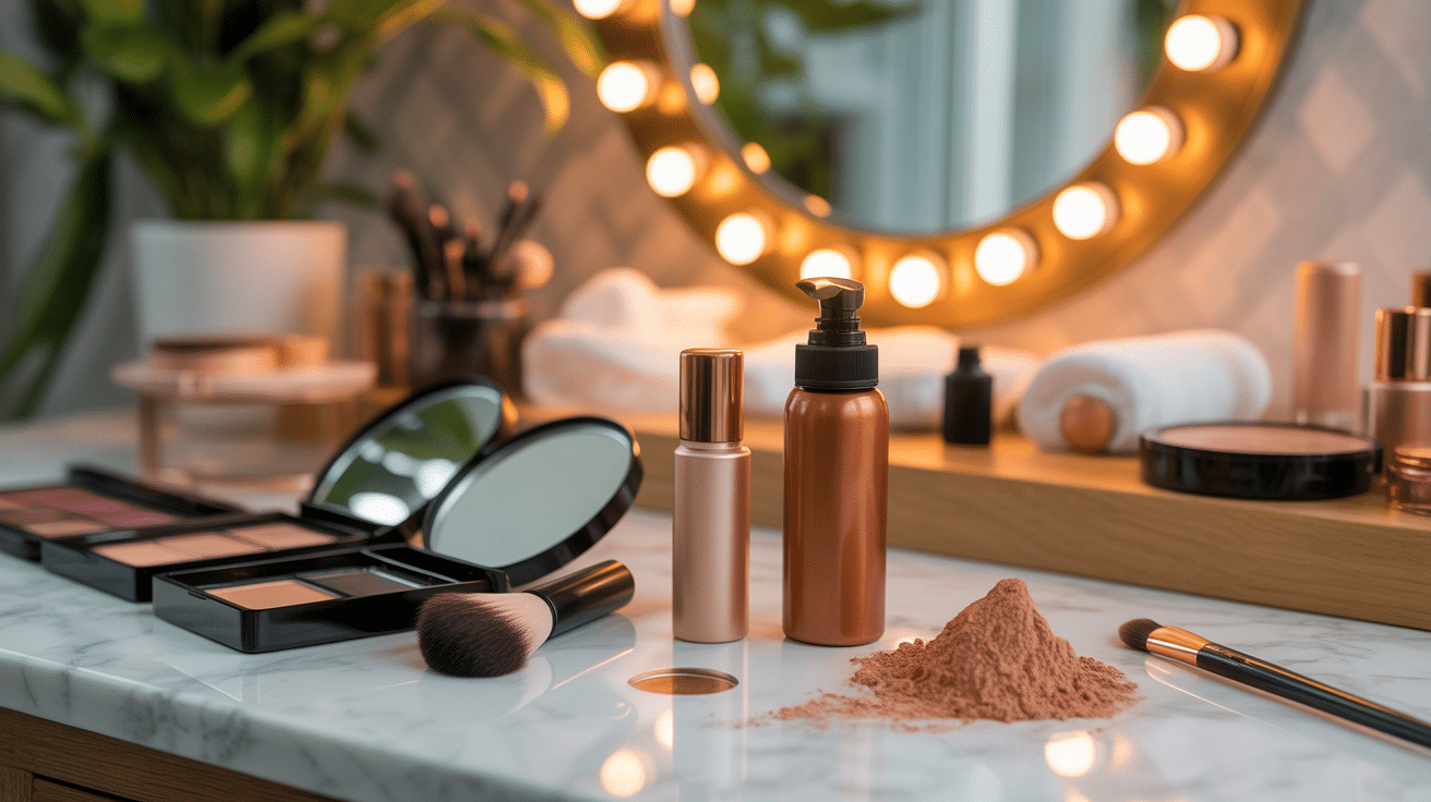 Cosmétiques pour teint hâlé sur marbre blanc