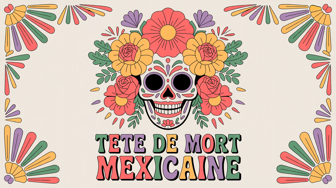 Illustration tete de mort mexicaine motifs floraux couleurs vives