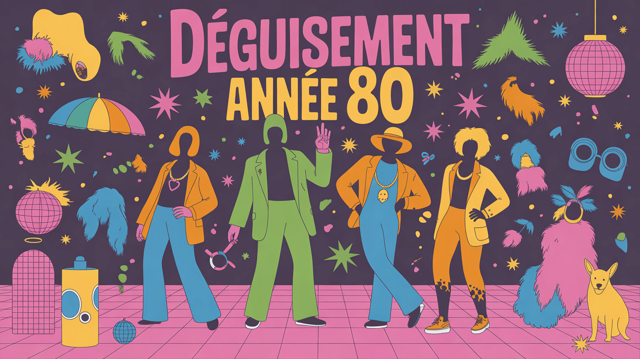 Illustration festive déguisement année 80 costumes fluo accessoires