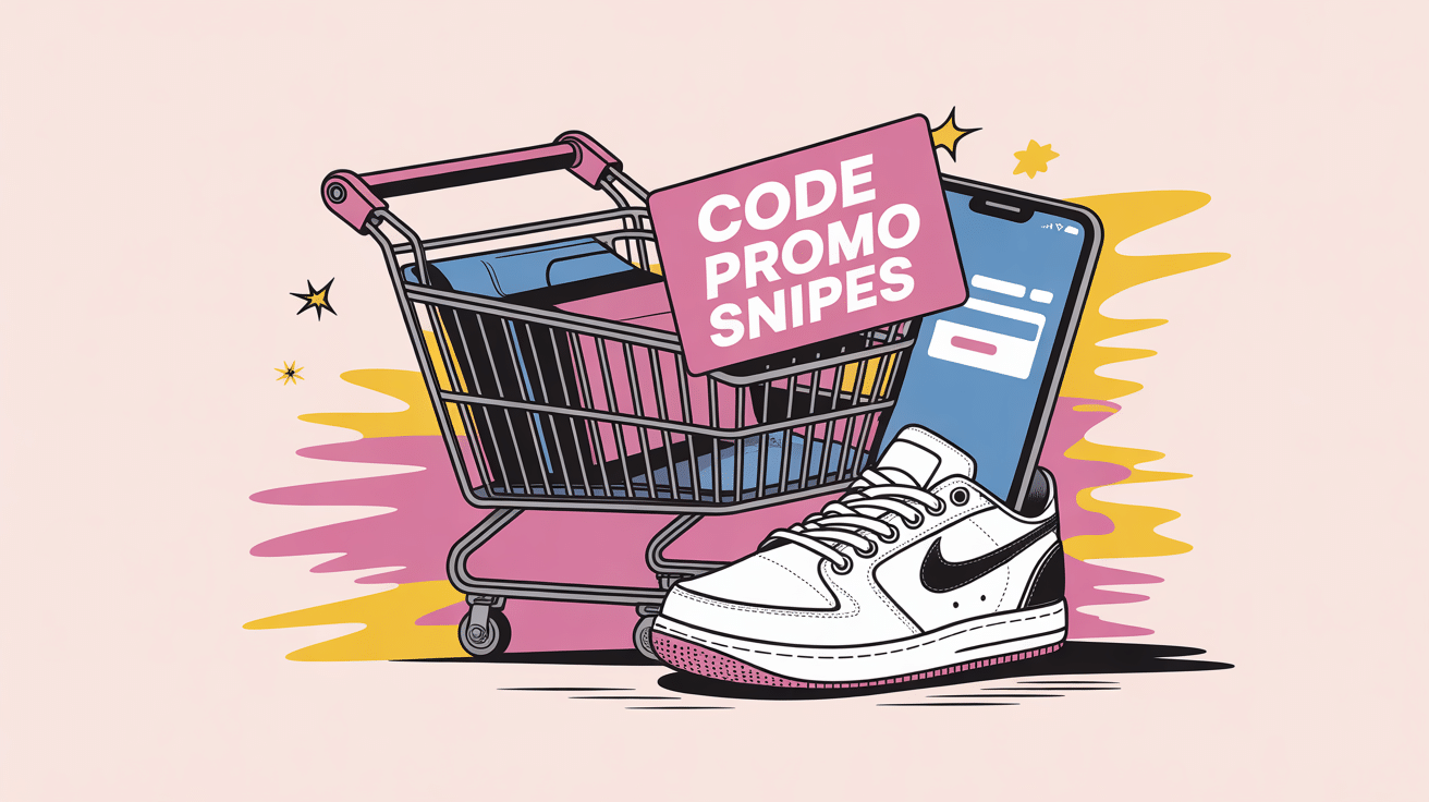 Illustration code promo Snipes avec sneakers et smartphone