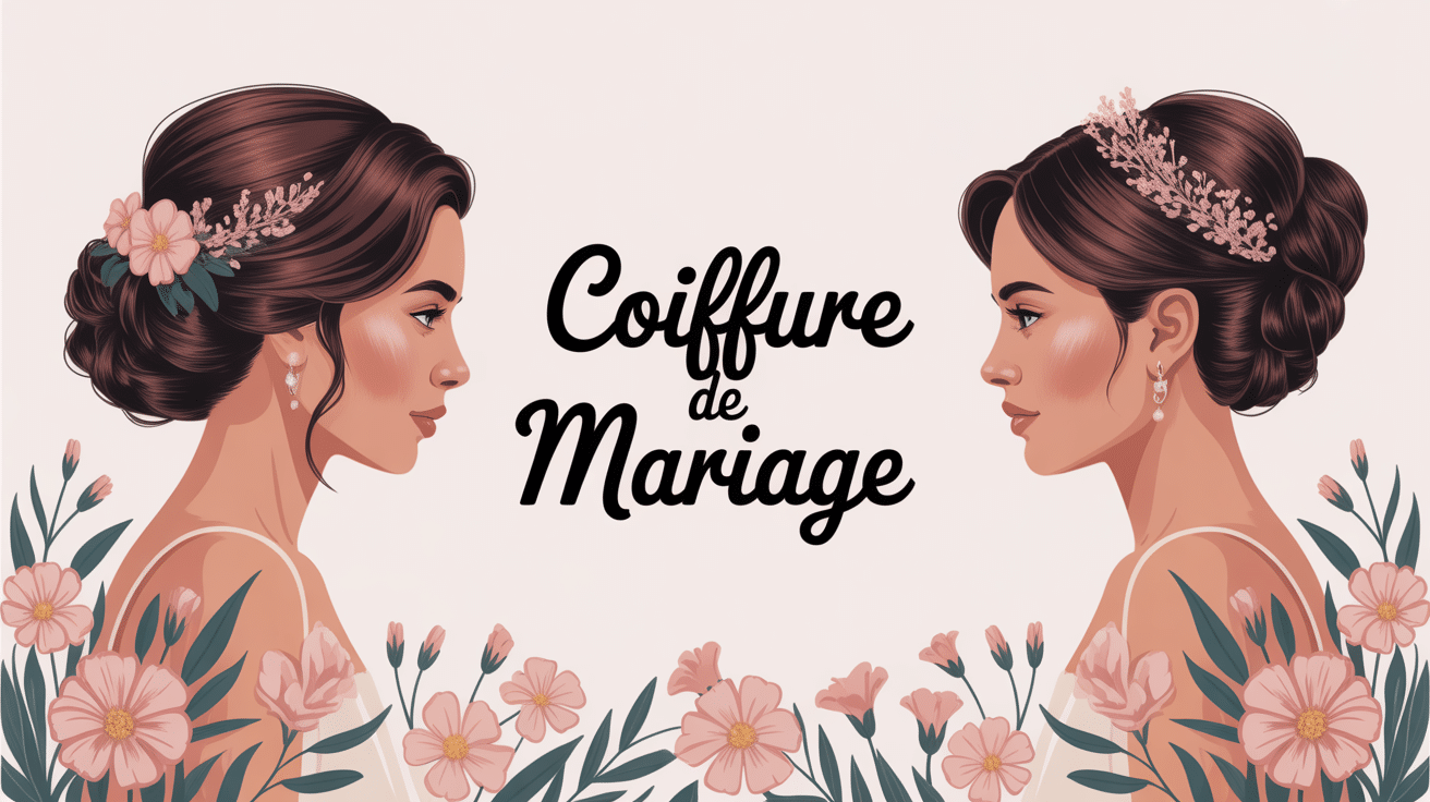 Illustration élégante de coiffure du mariage vue de trois quarts, avec accessoires