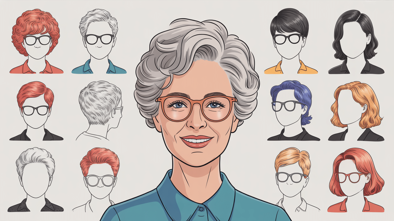 Illustration coupe de cheveux femme 70 ans avec lunettes et coiffures modernes