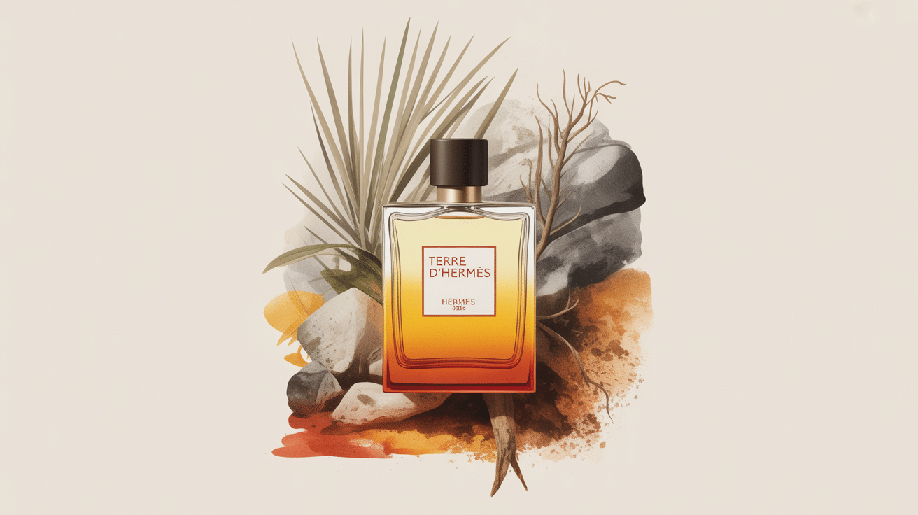 Fragrance Terre d’Hermès flacon stylisé sur fond minéral et boisé
