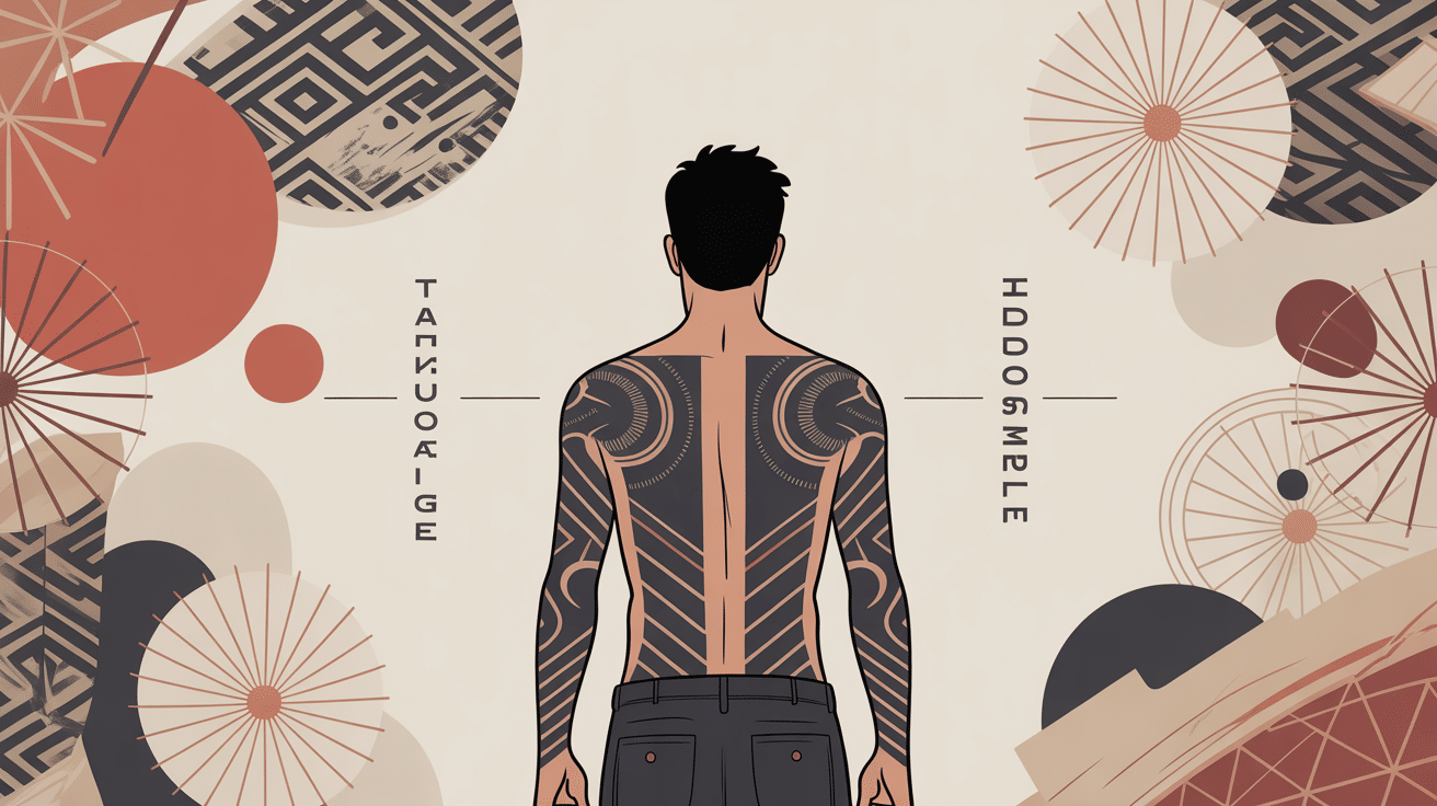 Tatouage dorsale homme avec motifs japonais et géométriques