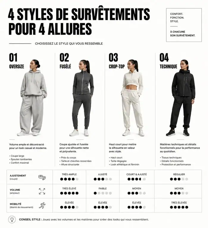 Infographie des coupes de survêtement tendance femme : oversize, fuselé, crop-top et technique.