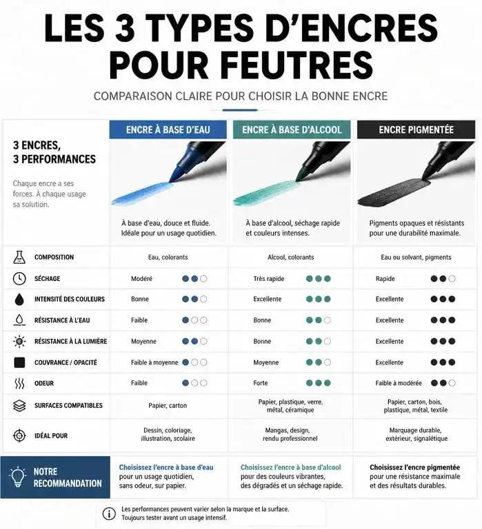 Comparatif des types d'encres pour feutres : base eau, alcool et pigmentée pour choisir ses feutres de dessin.
