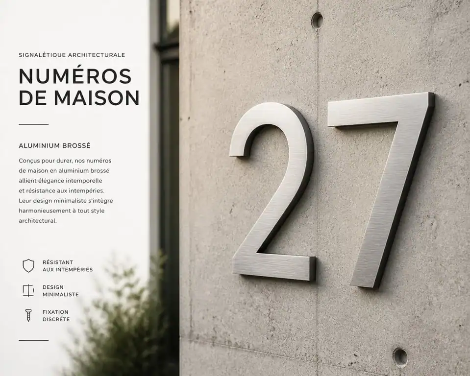 Numéro de maison design en aluminium brossé sur façade moderne