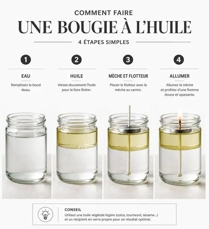Étapes de fabrication d'une bougie à l'huile maison sans cire