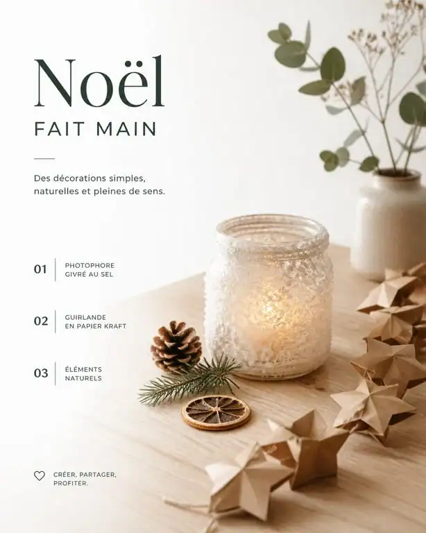 Décorations de Noël DIY faites main : photophore givré et guirlande naturelle pour activité manuelle de Noël