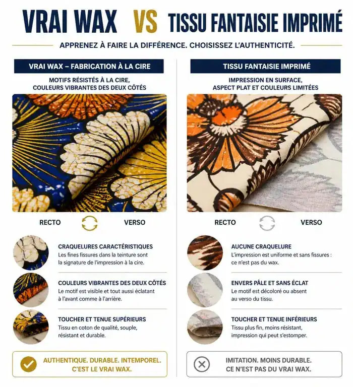 Comparaison visuelle entre tissu wax authentique avec craquelures et tissu fancy imprimé
