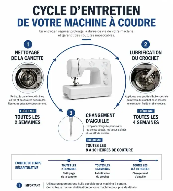 Infographie sur l'entretien régulier d'une machine à coudre pour prolonger sa durée de vie