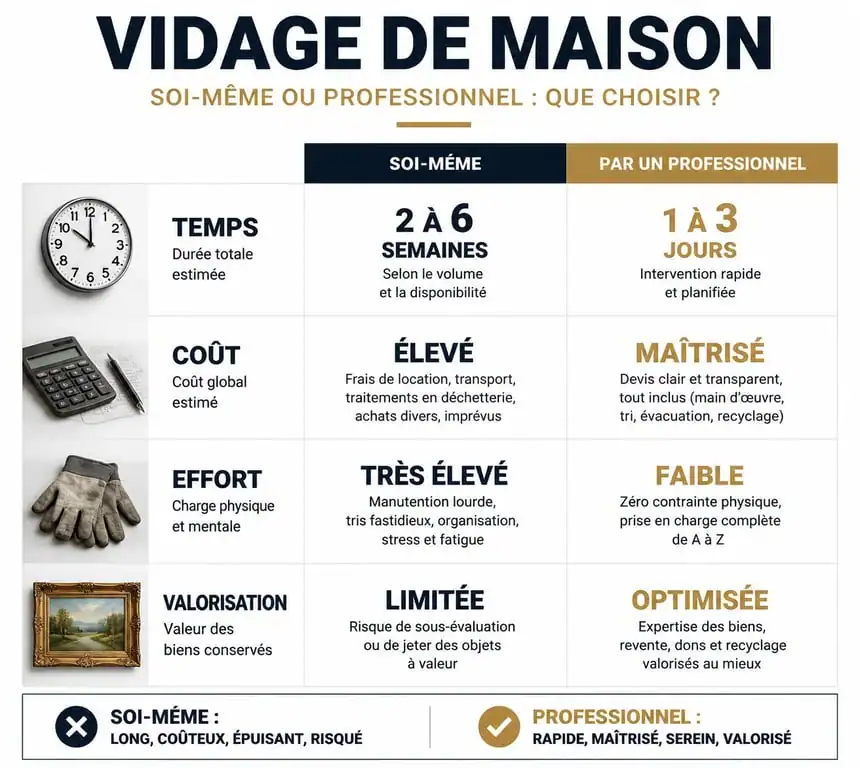 Comparatif entre le vidage de maison par soi-même et par une entreprise de débarras professionnelle