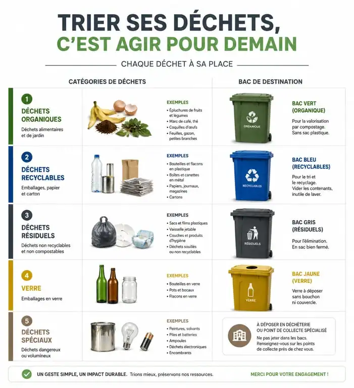 Infographie des consignes de tri sélectif pour jeter dans la poubelle correctement