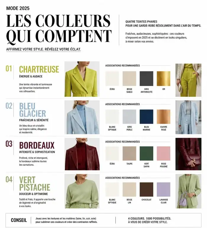 Infographie des tendances couleurs mode 2025 : chartreuse, bleu glacier, bordeaux et vert pistache pour un look tendance.