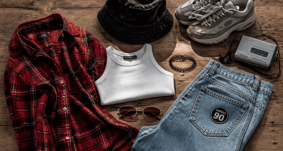 tenue année 90 flat lay grunge streetwear